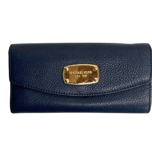 Michael Kors Navy Blue Pebbled Leather Wallet With Gold Hardware & Multiple Card - Picture 1 of 5